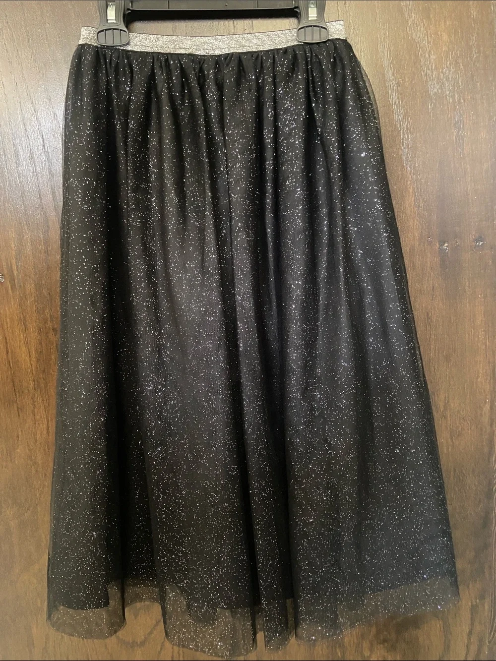 Cat & Jack Black Sparkle Tulle Midi Skirt, Silver Waistband, girls size S (6/6x)